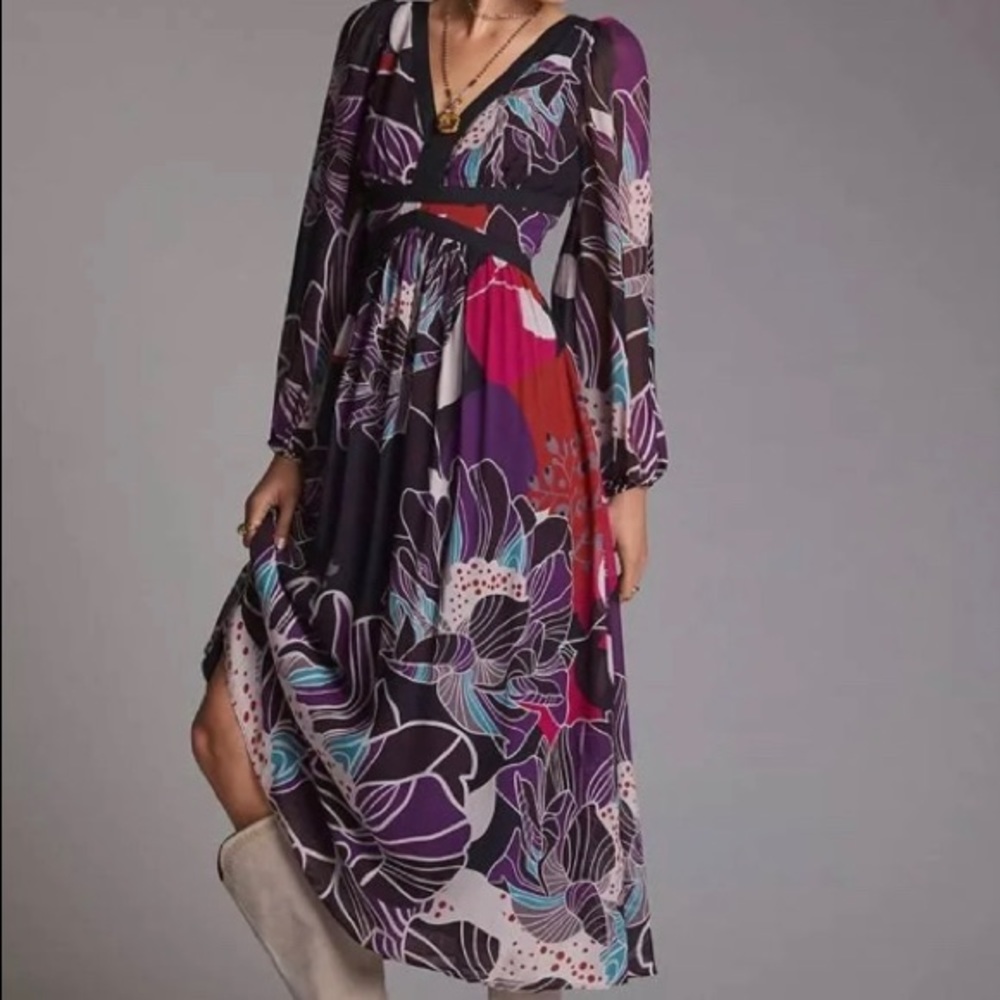 Anthropologie Nwt x Let Me Be Black Motif Floral V Neck Midi Dress S | Black
